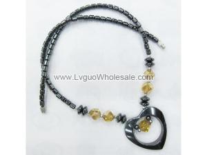 Gold Crystal Glass with Black Heart Shape Hematite Beads Necklace